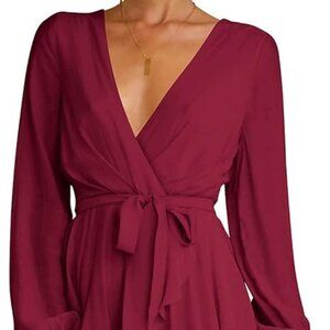 Cosonsen Women’s V-Neck Long Sleeve Ruffle Mini Skater Dress Size L – Excellent